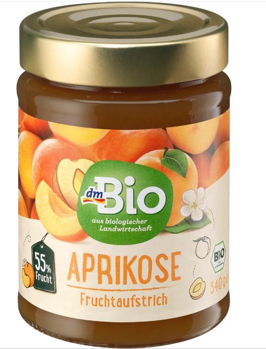 DM Organic Fruit Jam Fruchtaufstrich Hagebutte 55%, Apricot 55% 340 g