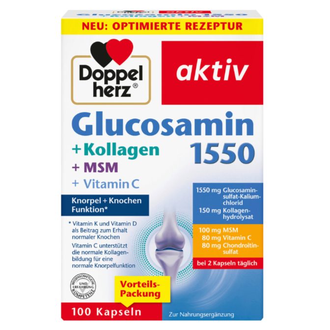 Doppelherz Glucosamin 1550 + Kollagen + Hyaluron Kapseln 100 St, 115 g Glucosamine 1550 + Collagen + Hyaluronic Acid Capsules 100 capsules
