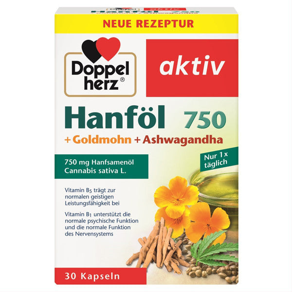 Doppelherz Active Hemp Oil 750 Golden Poppy Ashwagandha 30 Capsules
