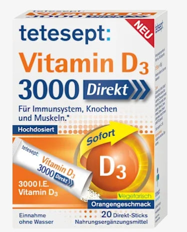 Tetesept VitaminD 3000 I.E. Direkt-Sticks 20 St 高含量維生素D3-助於維持骨骼和牙齒以及肌肉功能
