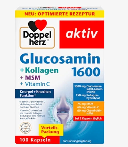 多寶雙心Doppelherz  Glucosamin 1600 + Kollagen + Hyaluron Kapseln 100 St, 113 g氨基葡萄糖 1600 + 膠原蛋白 + 透明質酸膠囊 100 粒 - MunichStars