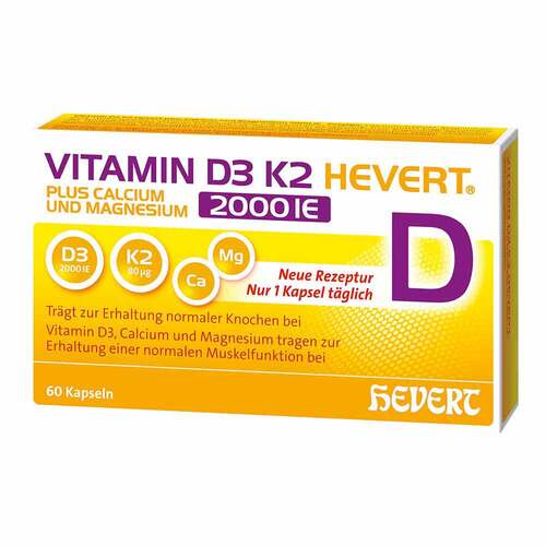 Hevert 菲德 Vitamin D3 K2 維生素 D3+K2 Plus Calcium und Magnesium 2000 I.E. Kapseln 膠囊促進骨骼和肌肉健康  60 Stk. - MunichStars