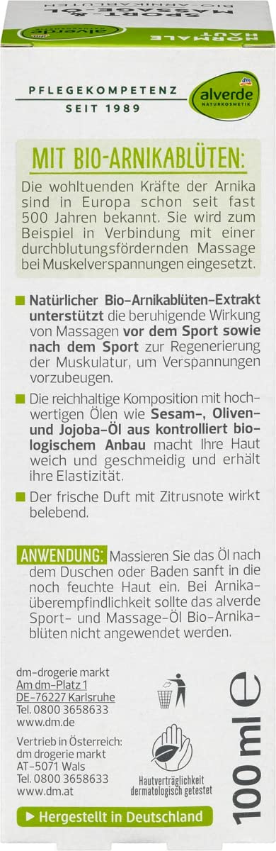 Alverde Natural Arnica Sports Massage Oil 100ml Bottle NATURKOSMETIK Sport- &amp;amp; Massage-Öl Bio-Arnikablüten, 100 ml 
