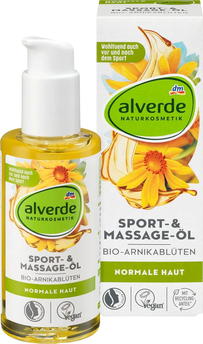 Alverde 天然山金車花運動按摩油 100ml瓶裝 NATURKOSMETIK  Sport- &amp; Massage-Öl Bio-Arnikablüten, 100 ml - MunichStars