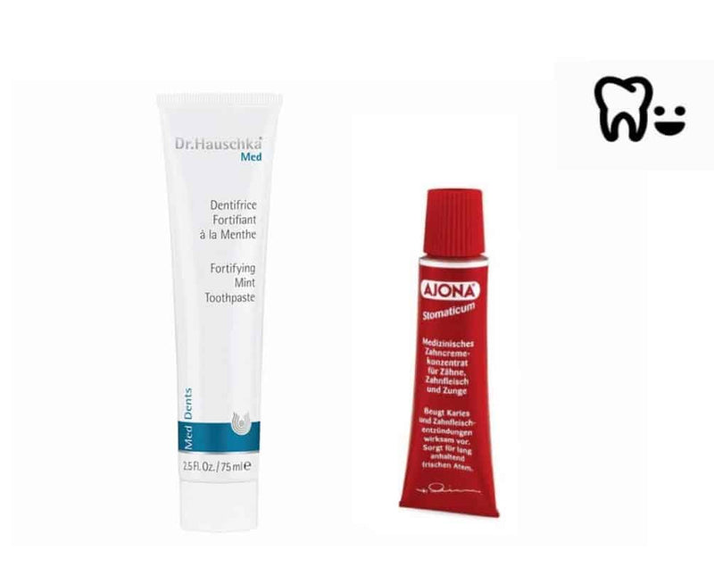 [ 完美健齒組合2] 德國 AJONA 抗發炎天然抗菌牙膏 25ml+DR. HAUSCHKA 德國世家 冰花系列 健齒牙膏(楝樹薄荷)75ml - MunichStars
