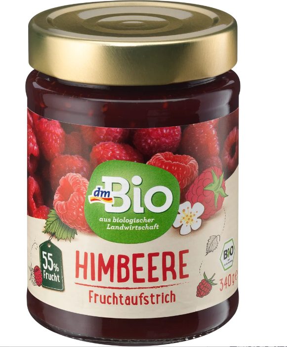 dmBio Fruchtaufstrich, Himbeere 55 % Frucht, 水果醬，覆盆子 55% 水果，340 克