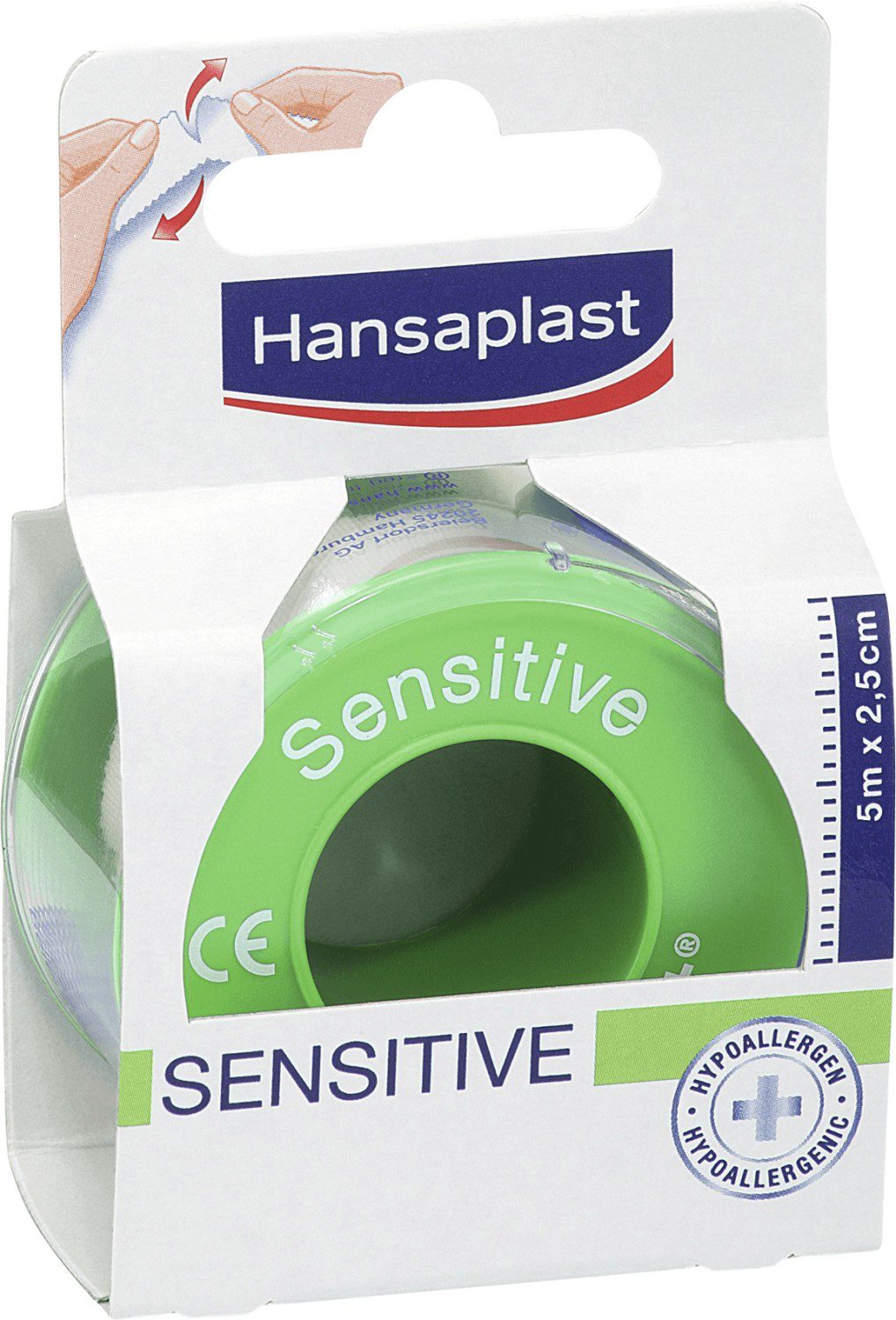 德國Hansaplast Fixierpflaster Sensitive 防水透氣萬用膠帶 2.5cm*5m（綠色-敏感肌款，繃帶為白色）